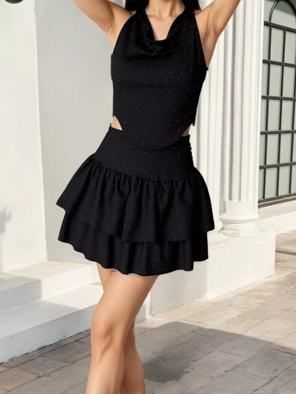 Halter Neck Crop Top and Layered Ruffle Mini Skirt Set - Lilixa.store