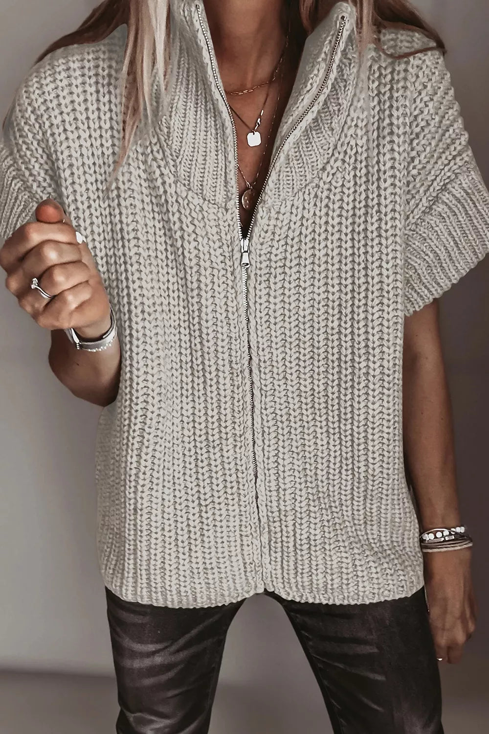 Solid Color Short Sleeve Zipper Knit High Neck Sweater