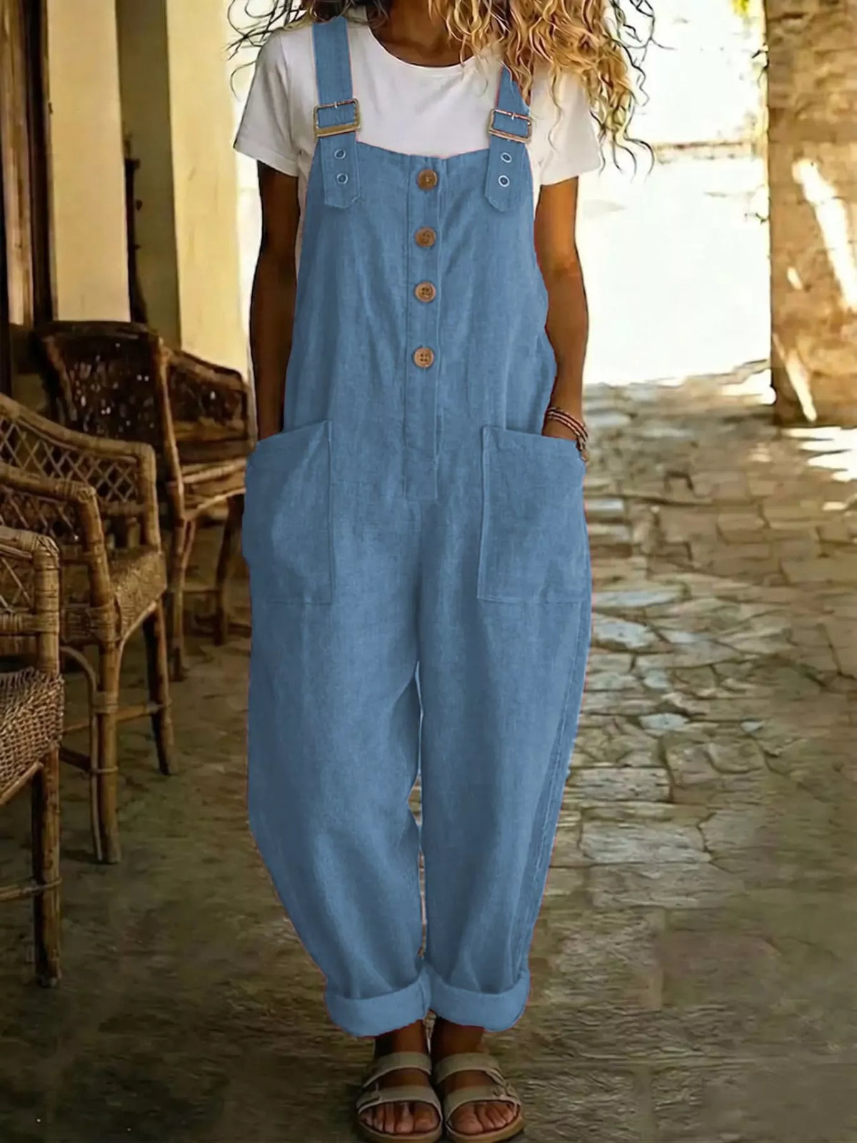Casual Button Front Wide Leg Overalls - Lilixa.store