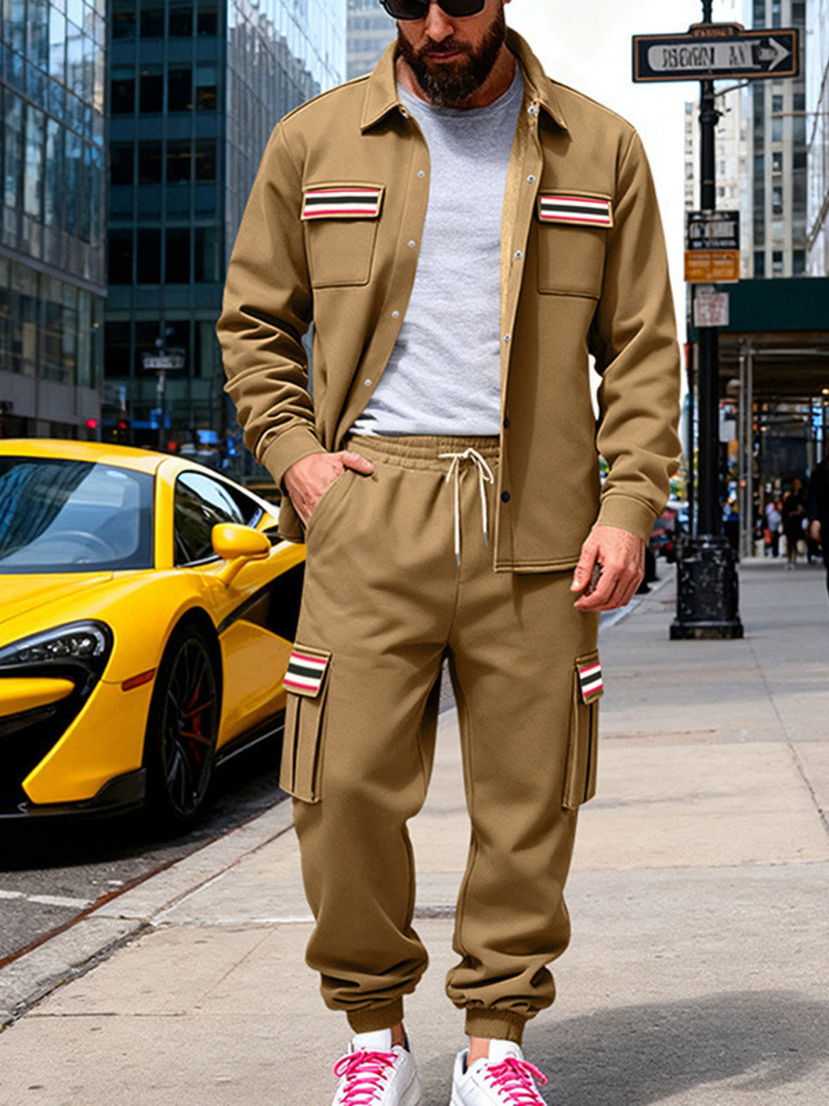 Men's Full Size Collared Neck Shacket and Pants Set Plus Size