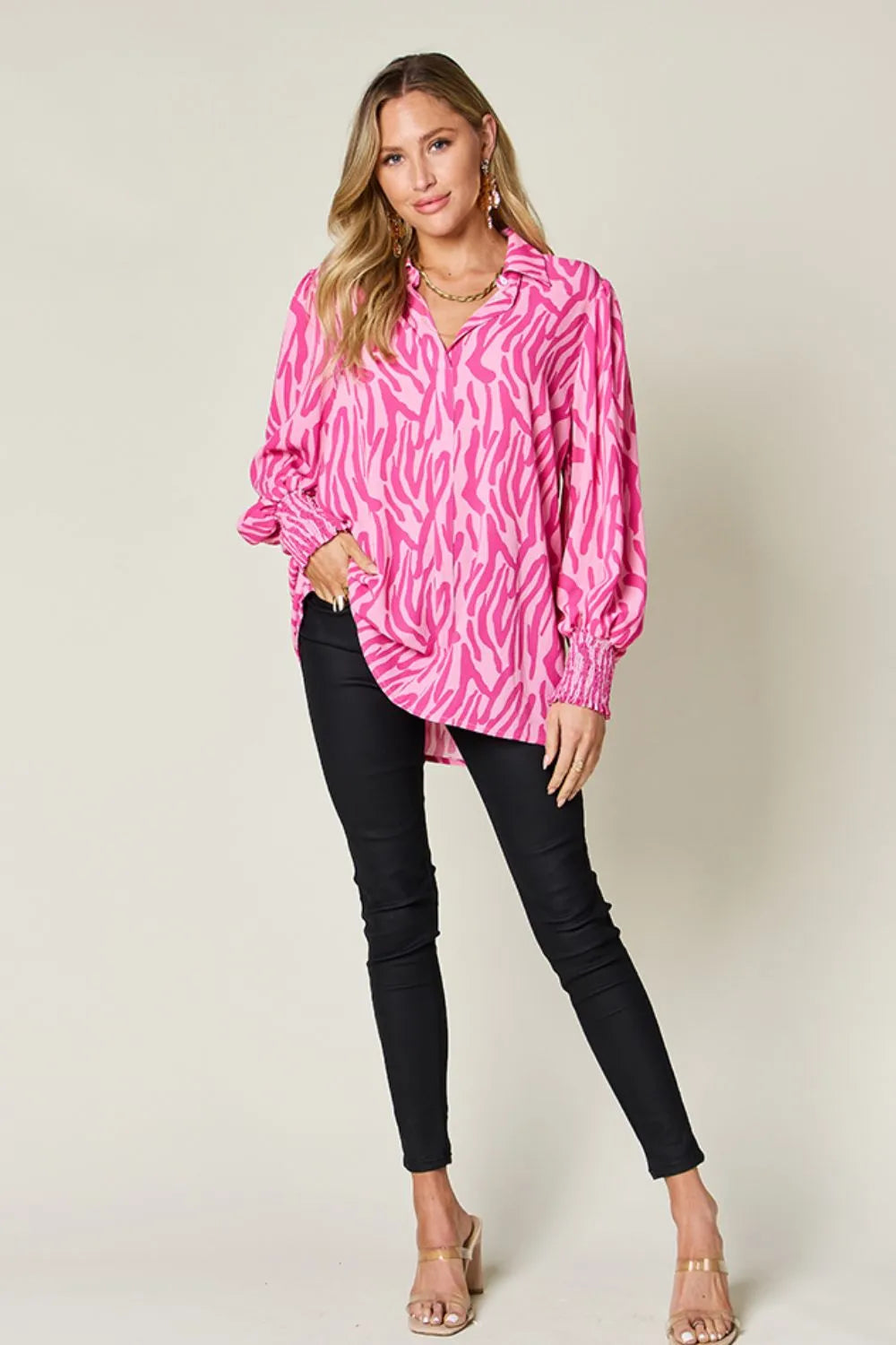 Double Take Full Size Printed Smocked Long Sleeve Blouse Plus Size - Lilixa.store