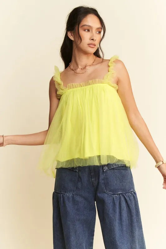 Davi & Dani Shirred Ruffle Strap Tulle Babydoll Top - Lilixa.store