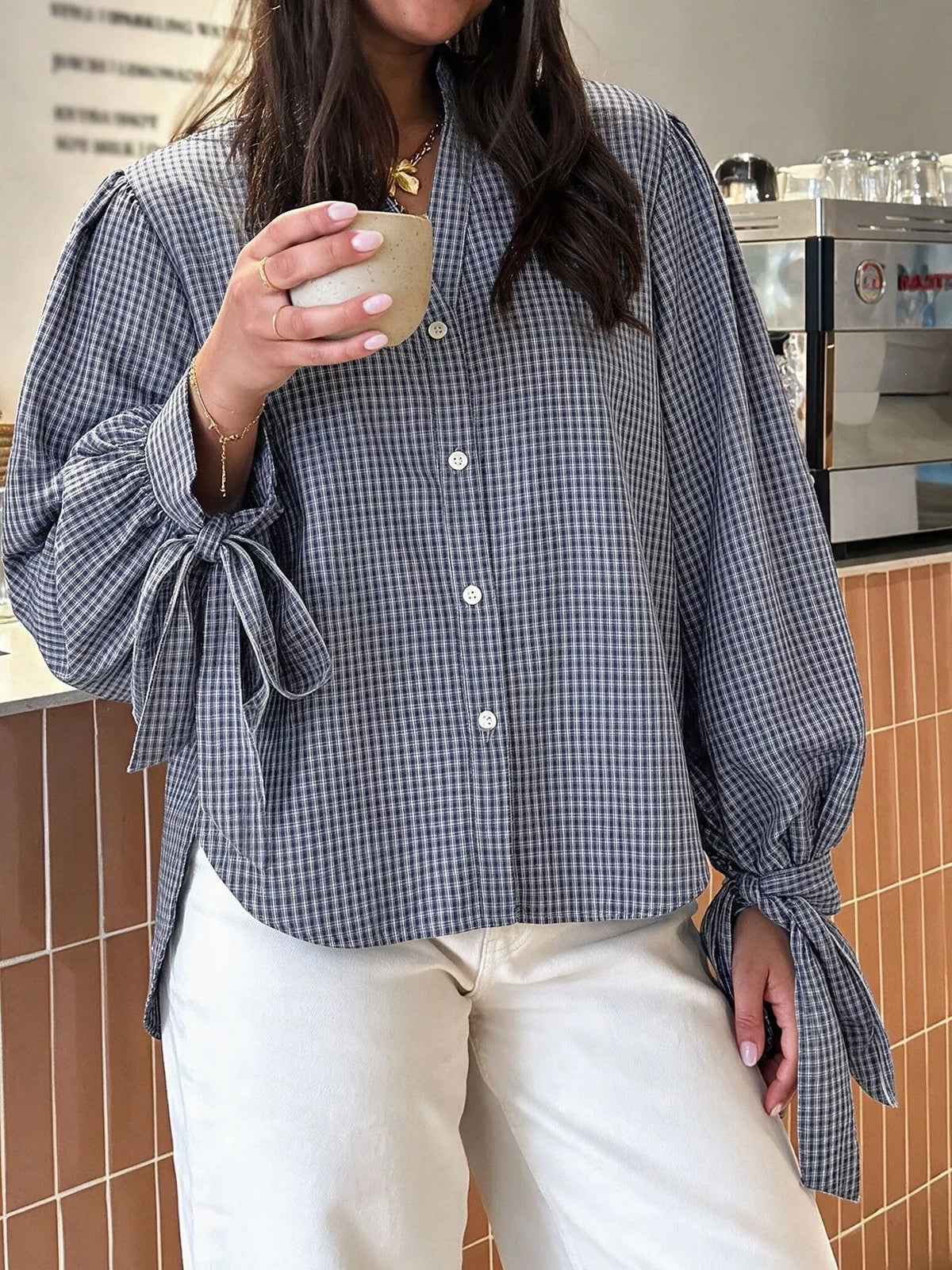 Gingham Button Up Shirt with Tie-Sleeve Detail in Navy
