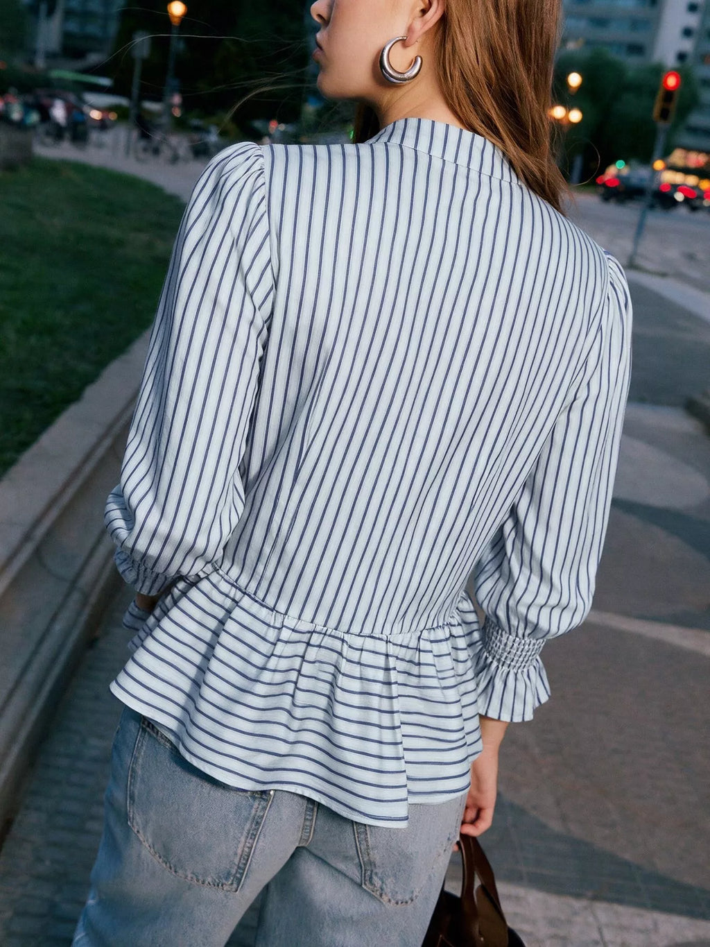 Striped Mandarin Knot Buttons Peplum Hem Shirt - Lilixa.store