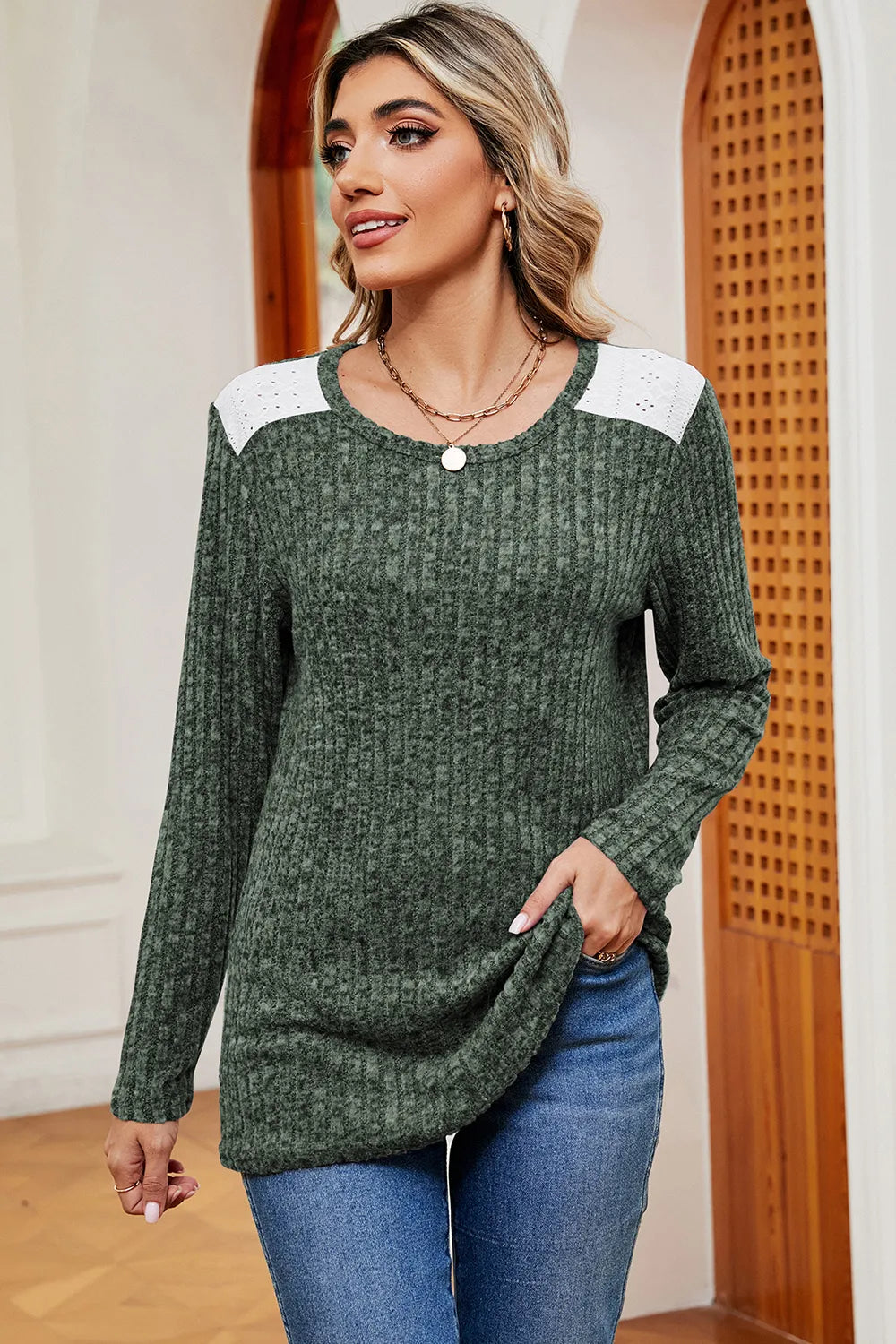 Eyelet Ribbed Round Neck Long Sleeve T-Shirt - Lilixa.store