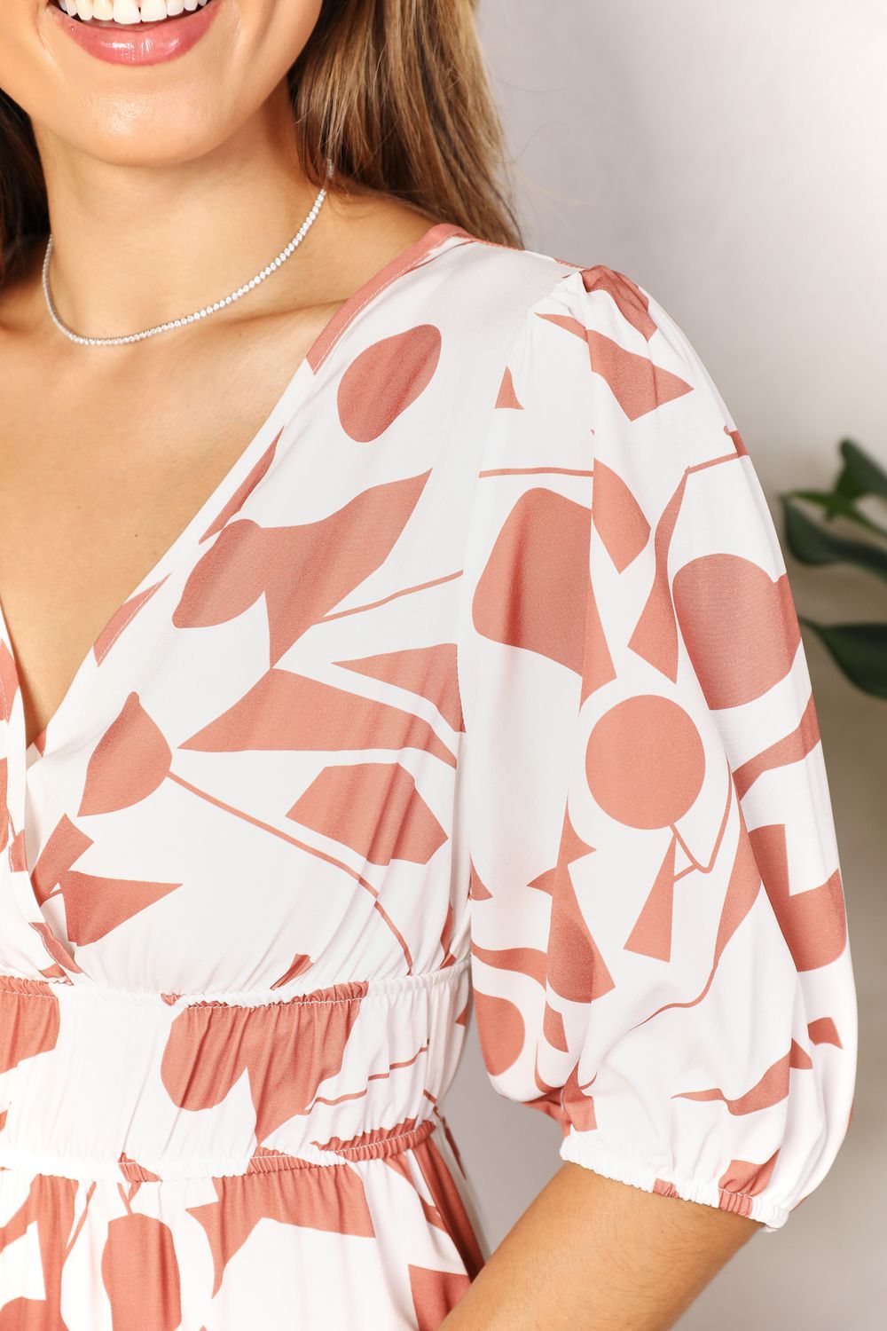 Printed Surplice Balloon Sleeve Dress - Lilixa.store