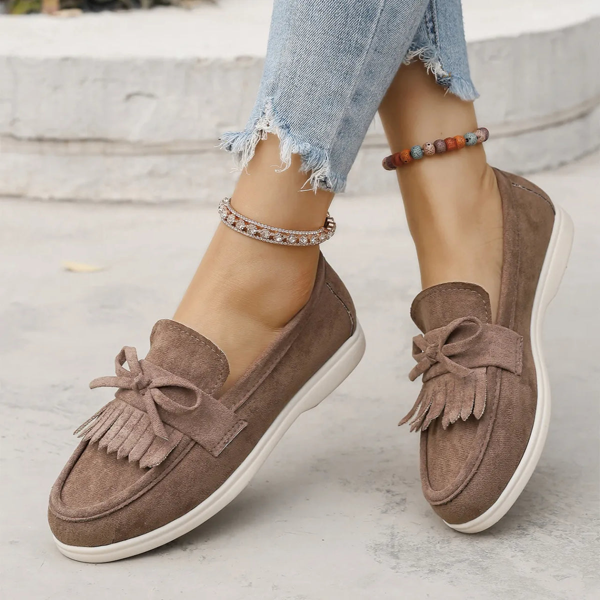 Round Toe Flats Loafers in Taupe