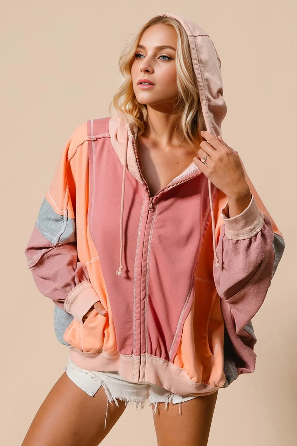 Double Take Full Size Color Block Zip Up Hoodie in Burnt Coral