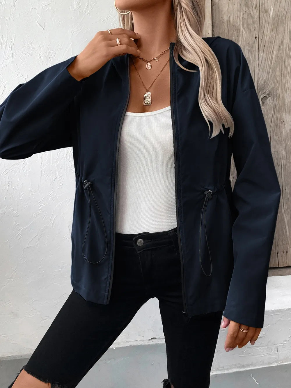 Ivy Lane Drawstring Zip Up Hooded Jacket, view 10