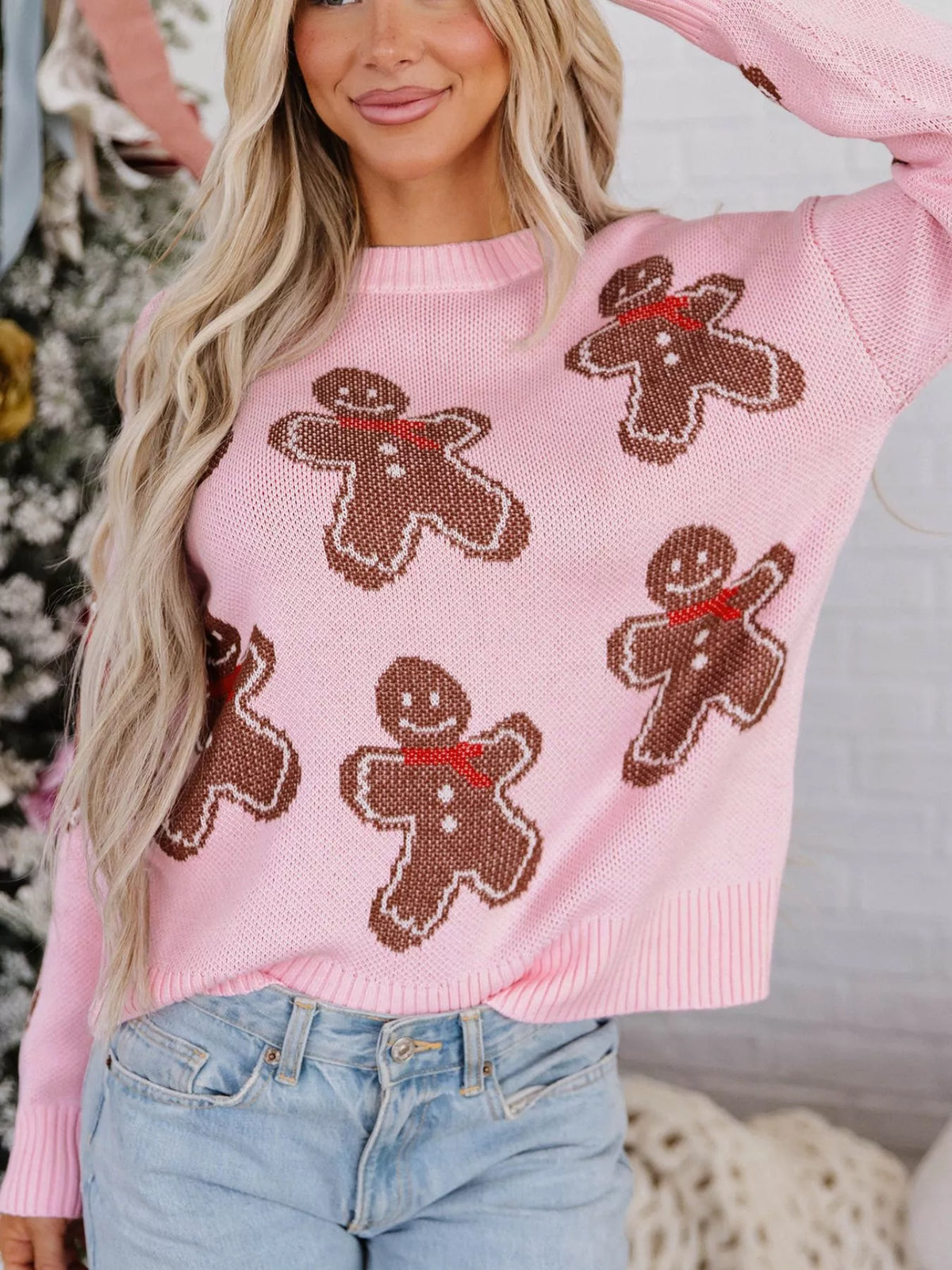 Gingerbread Pattern Round Neck Long Sleeve Shift Sweater - Lilixa.store
