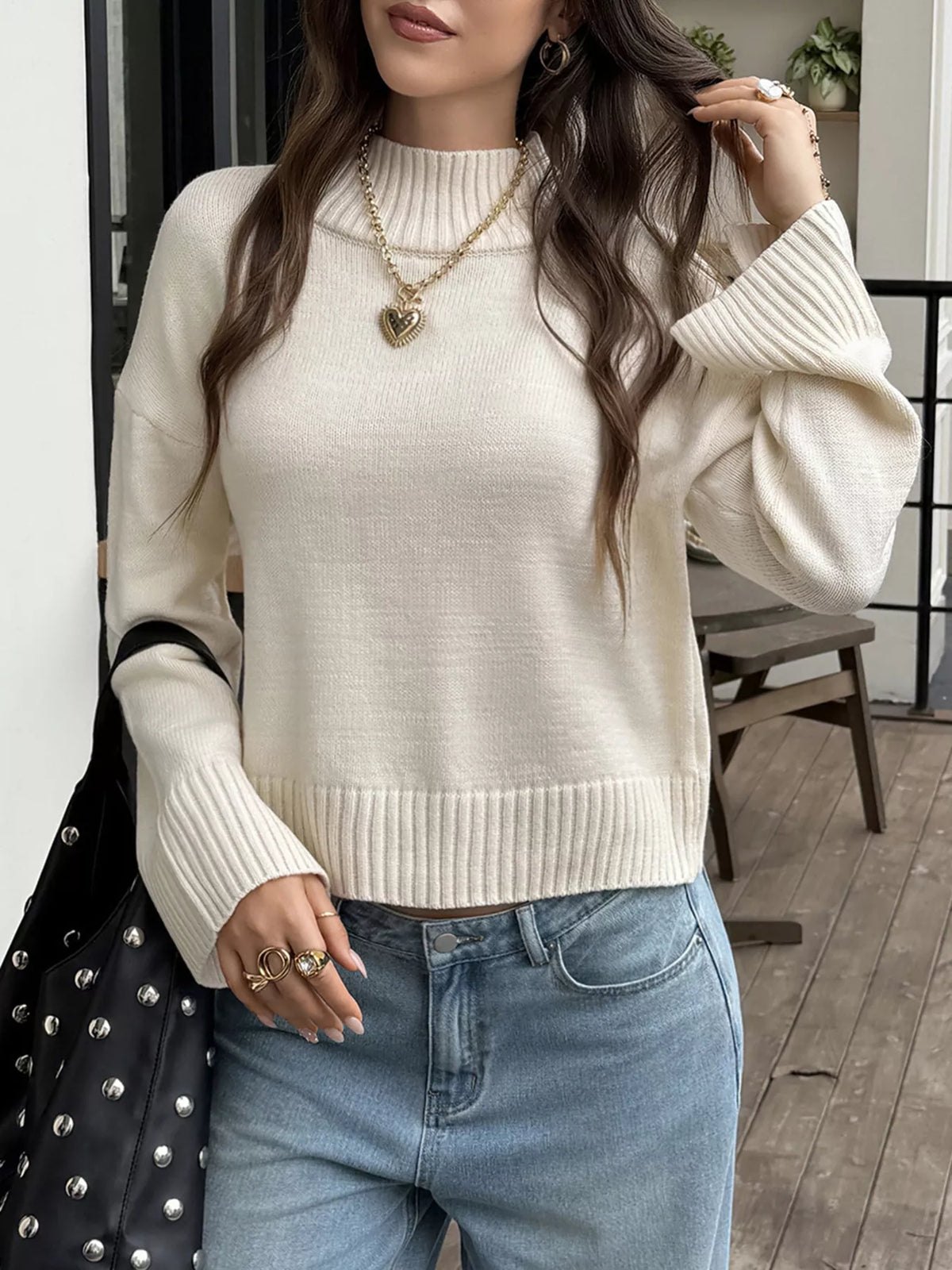 Mock Neck Dropped Shoulder Sweater - Lilixa.store