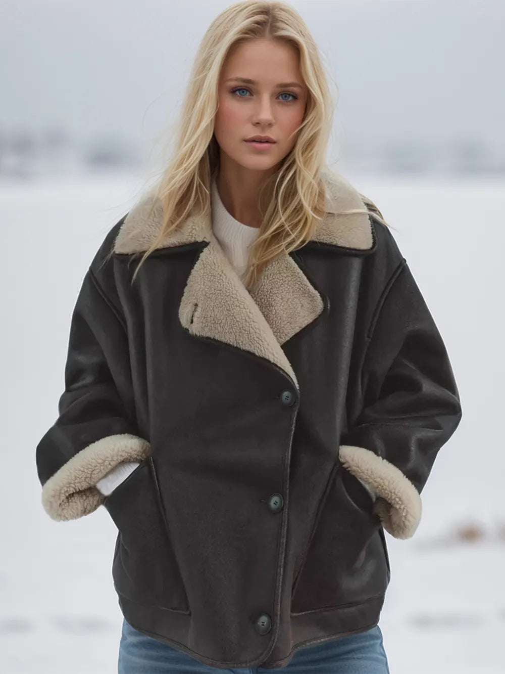 Collared Neck Long Sleeve Plush Jacket in Chocolate