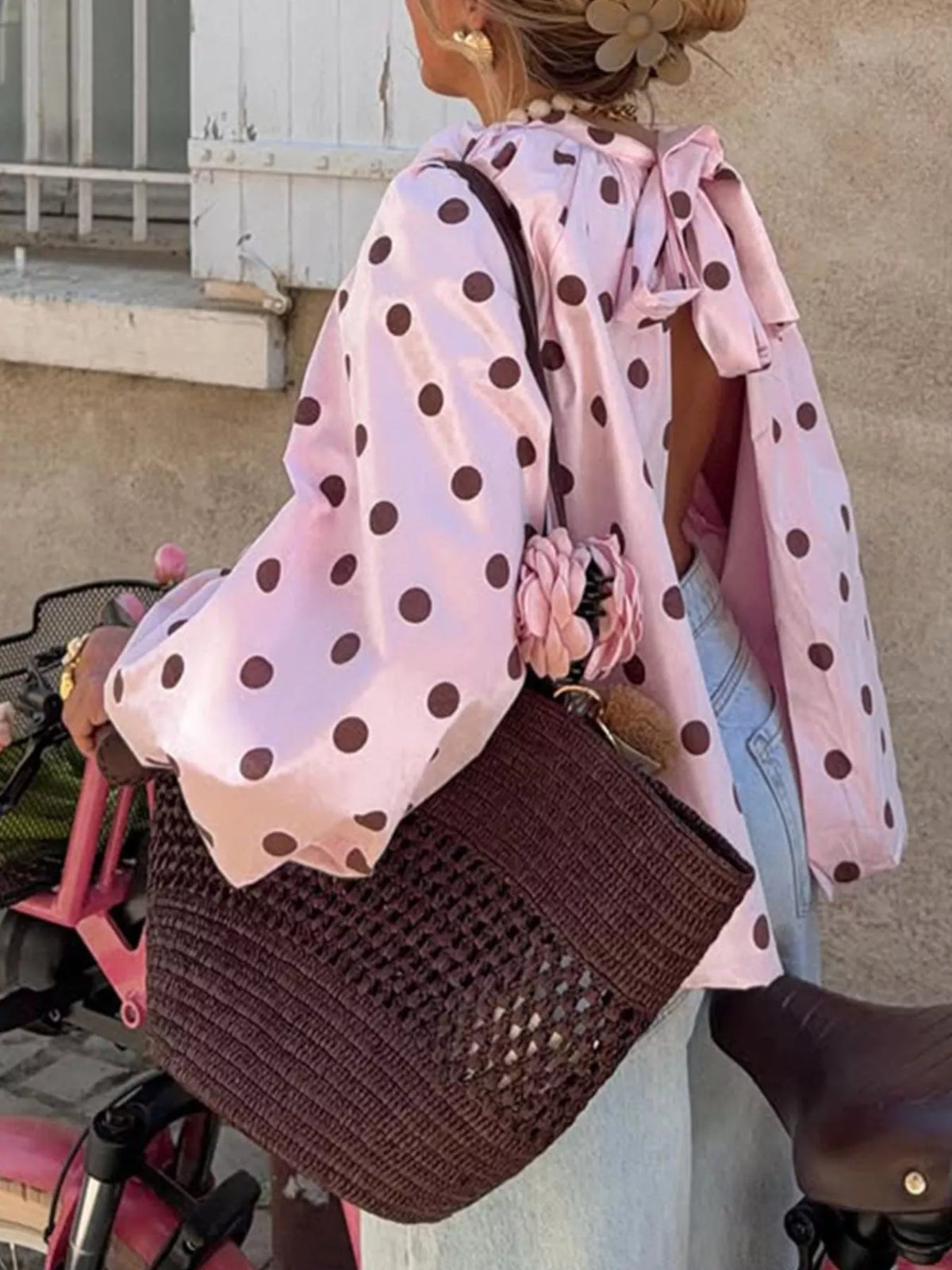 Polka Dot Open-Back Tied Blouse