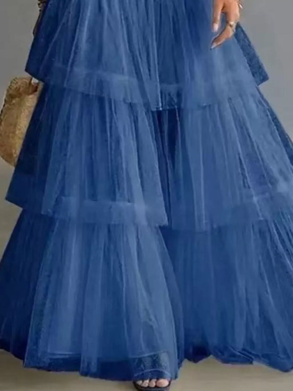 High-Waisted Button-Front Denim and Tulle Maxi Skirt, view 4