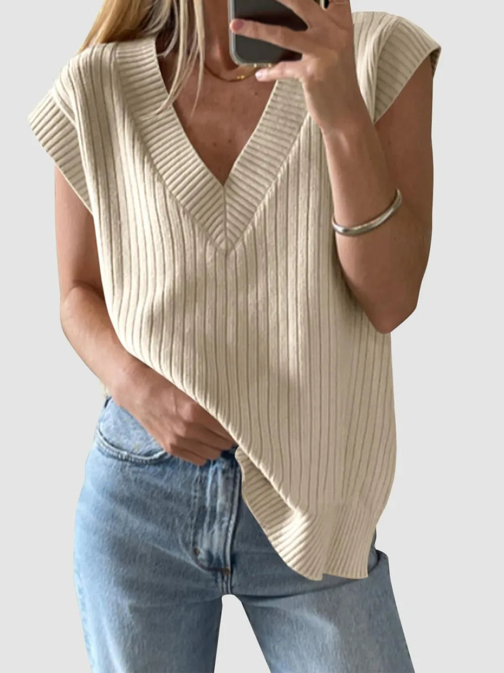 Mandy Ribbed V-Neck Sweater Vest in Tan