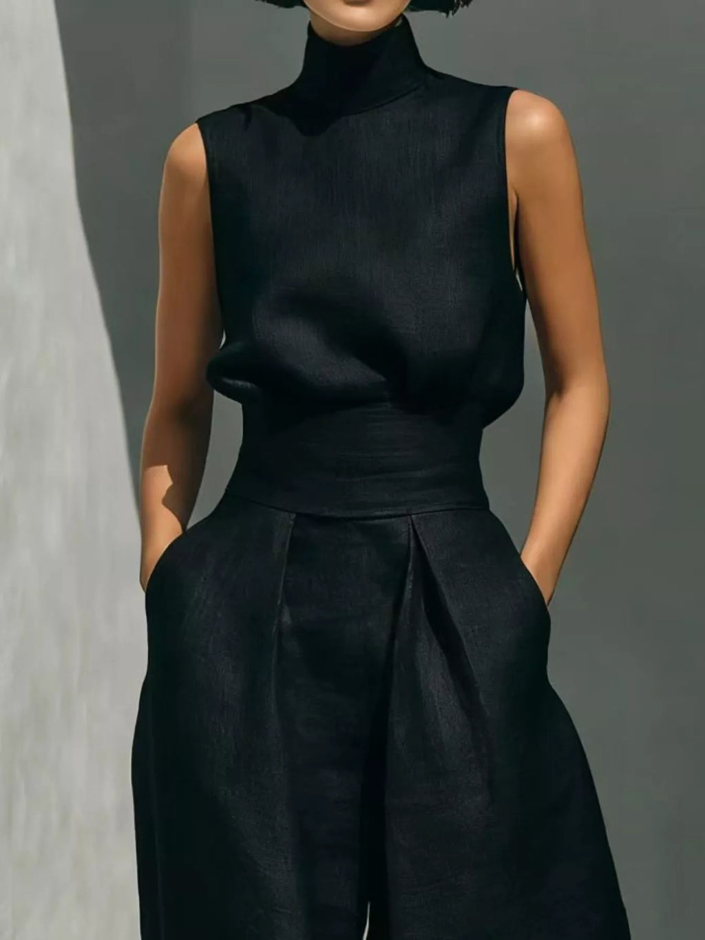 Full Size Turtleneck Sleeveless Top and Wide Leg Pants Set Plus Size - Lilixa.store