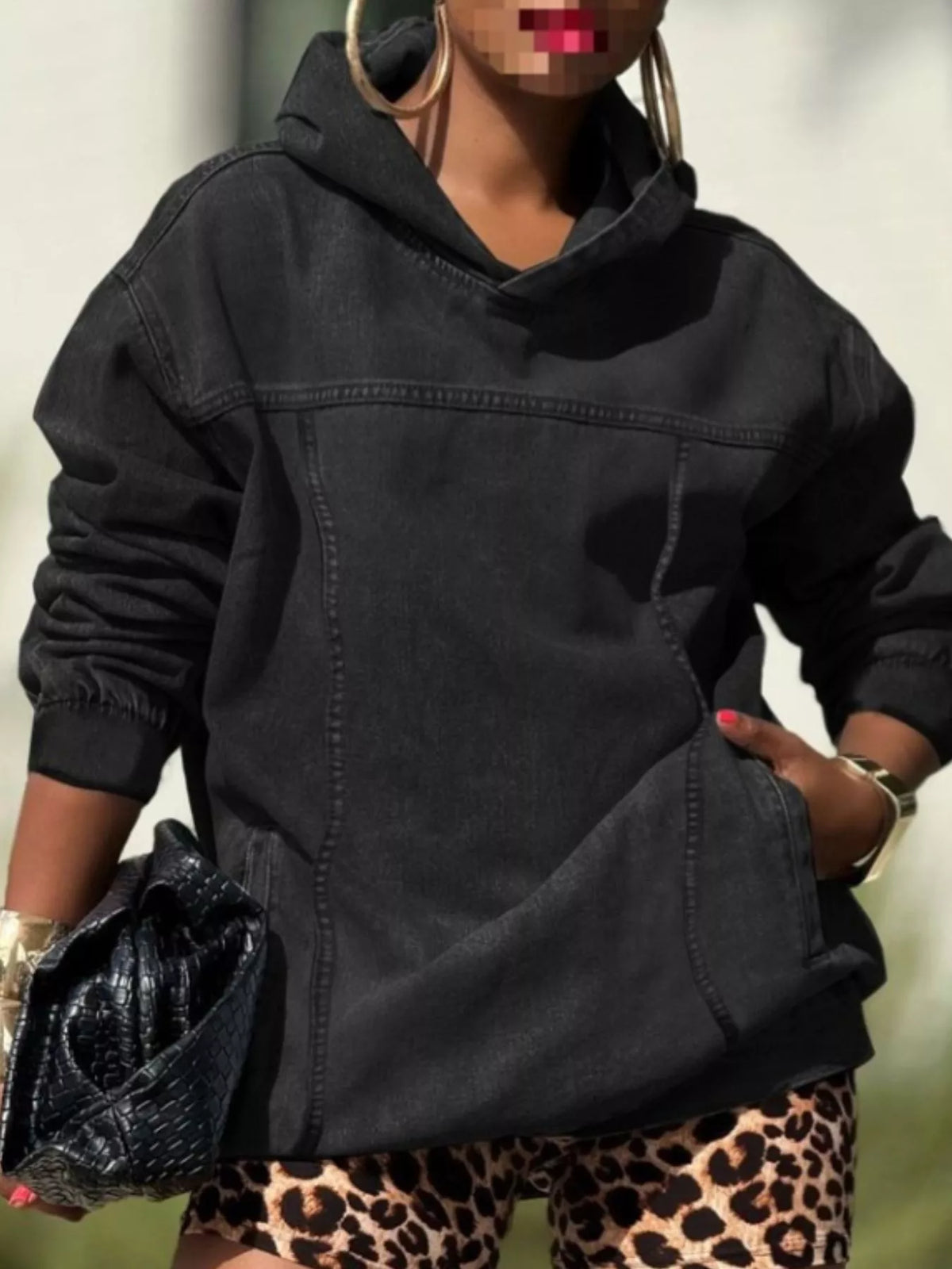 Oversized Washed Denim Hoodie with Front Pocket in Black
