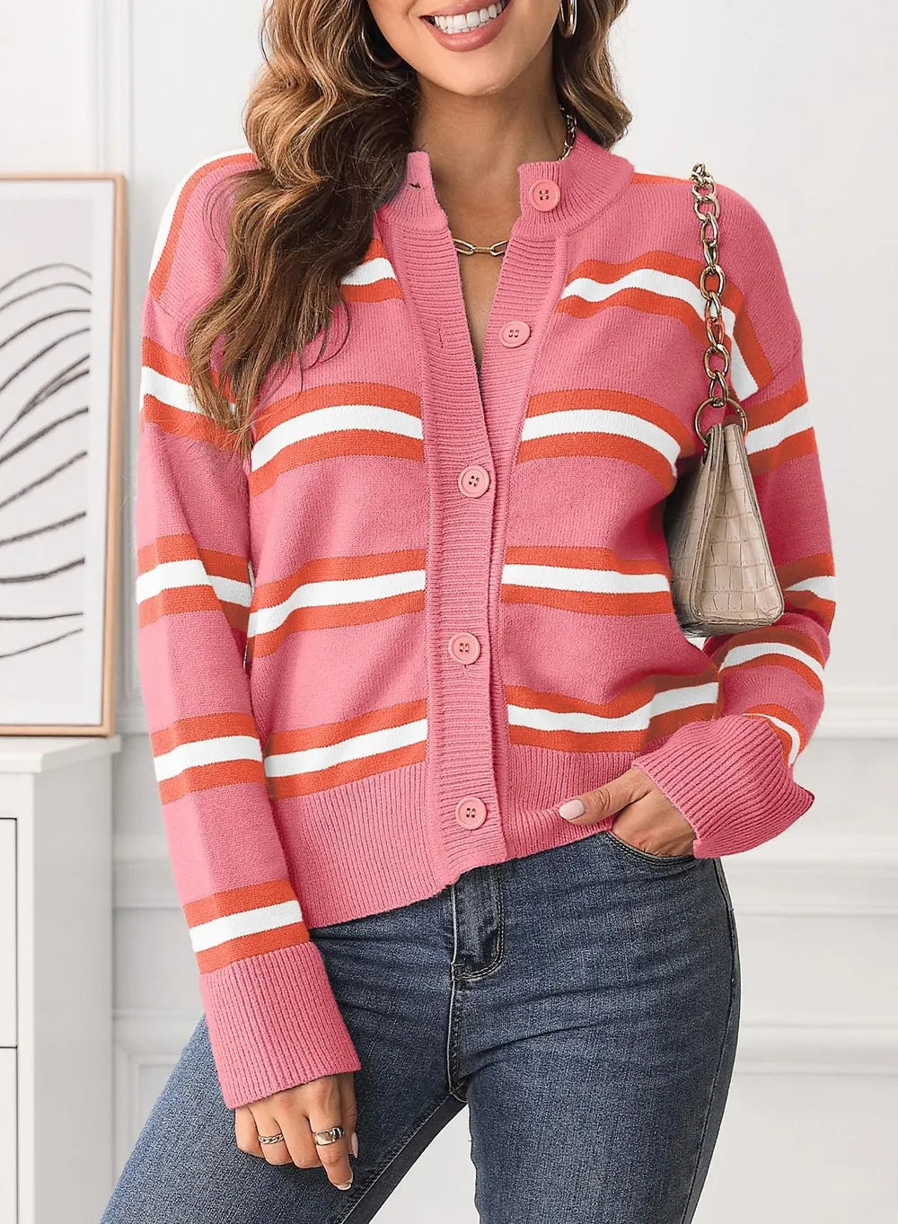Striped Button Down Long Sleeve Cardigan - Lilixa.store