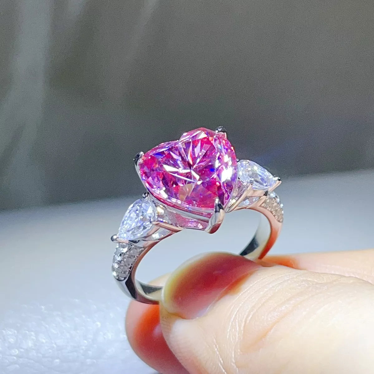 6 Carat 925 Sterling Silver Moissanite Heart Ring in Pink, view 2