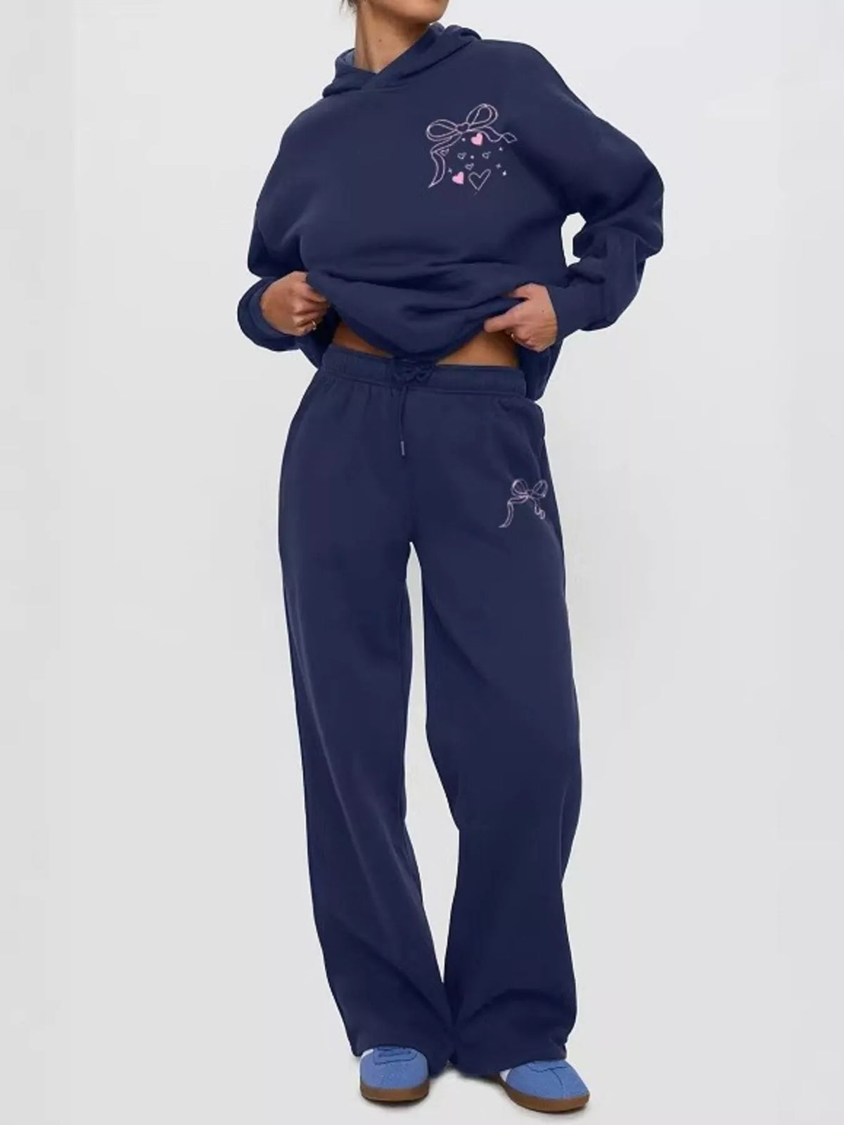 Bow and Heart Dropped Shoulder Hoodie and Pants Set - Lilixa.store