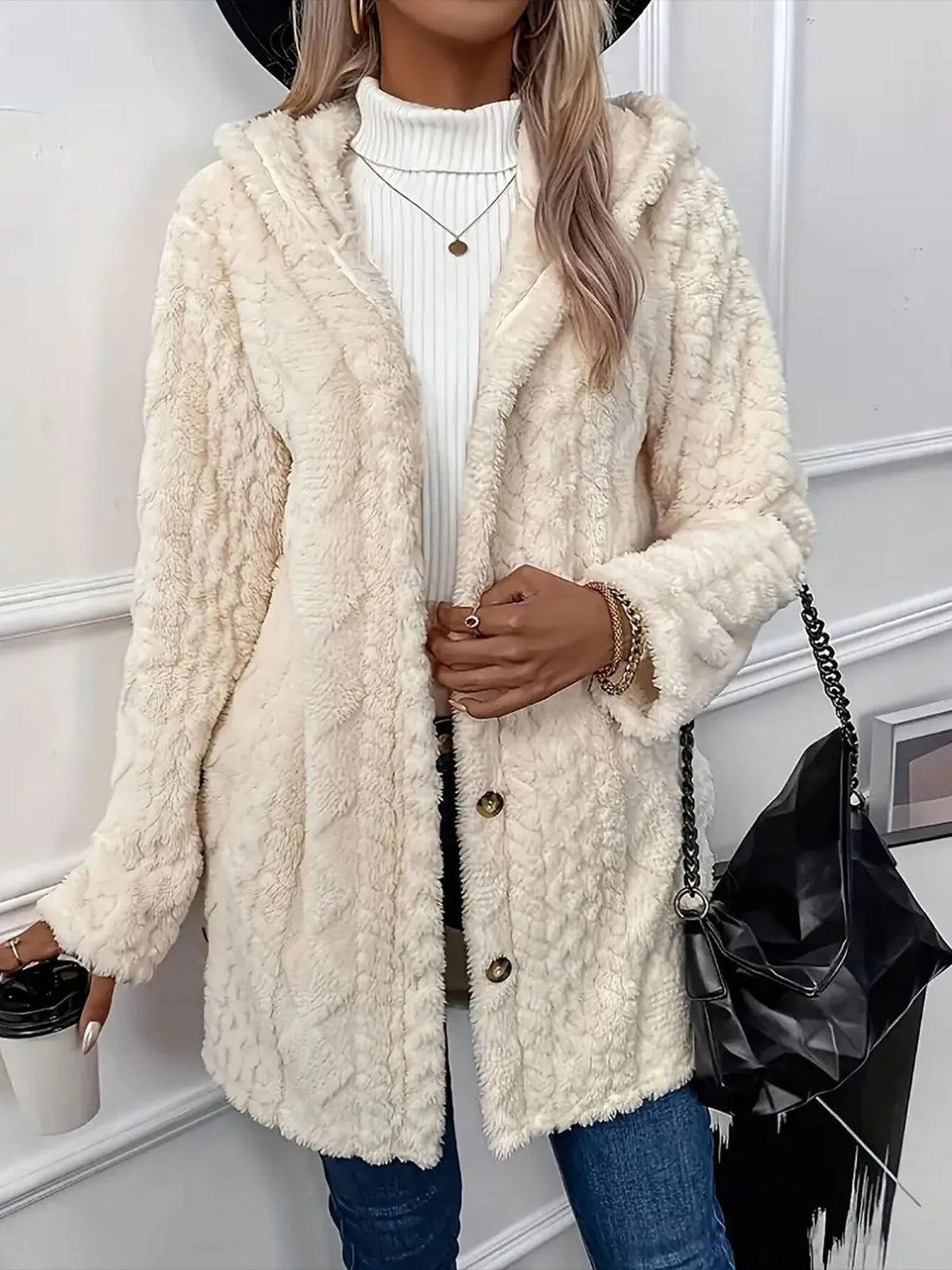 Faux Fur Teddy Coat with Button Front in Cream, view 2