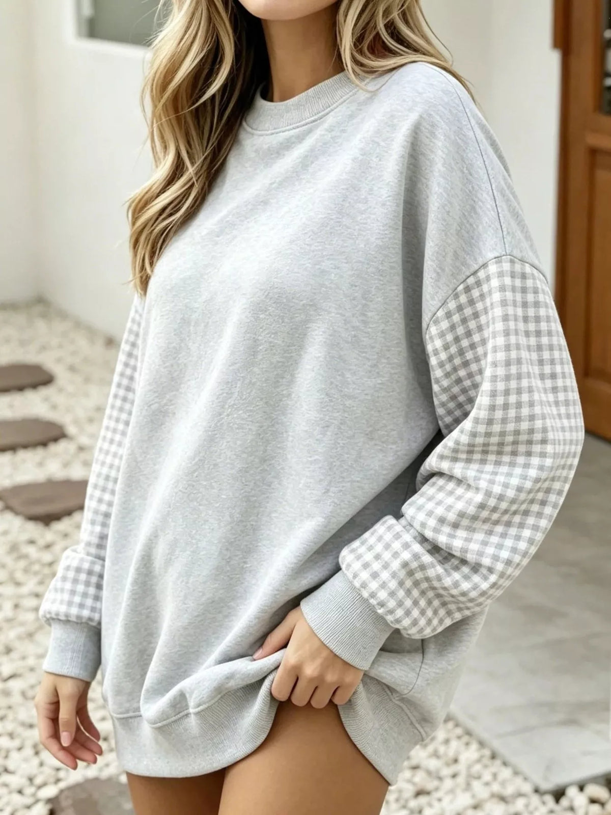 Contrast Gingham Long Sleeve Sweatshirt - Lilixa.store