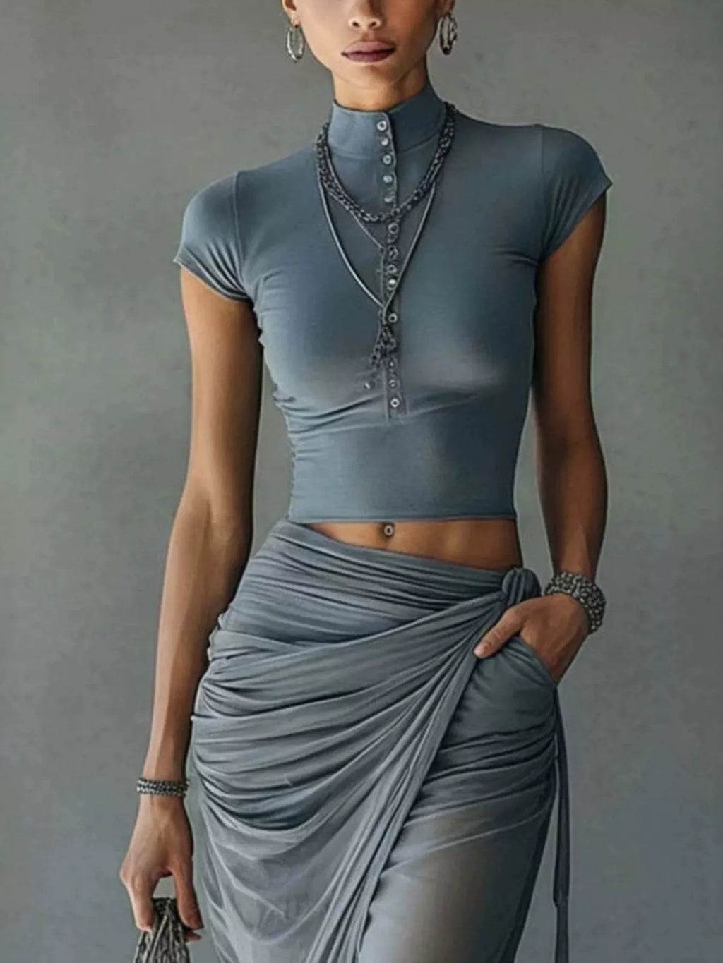 Mock Neck Crop Top and Ruched Maxi Skirt Set - Lilixa.store