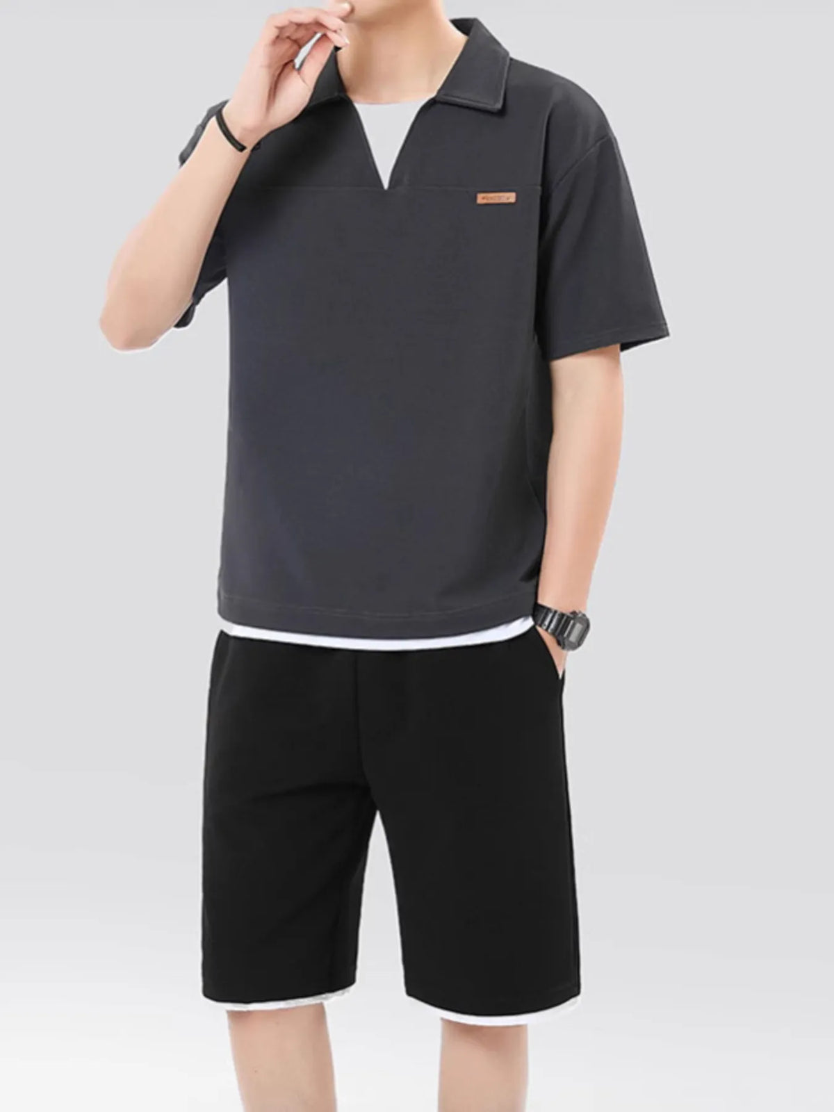 Men's Plus Size Johnny Collar Top and Shorts Set in Grey