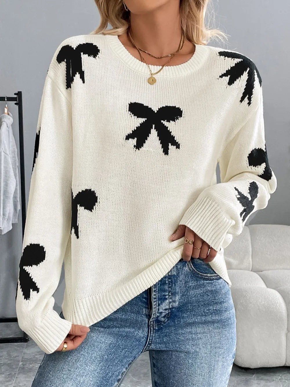 Perfee Bow Graphic Round Neck Long Sleeve Sweater in Cream, view 3