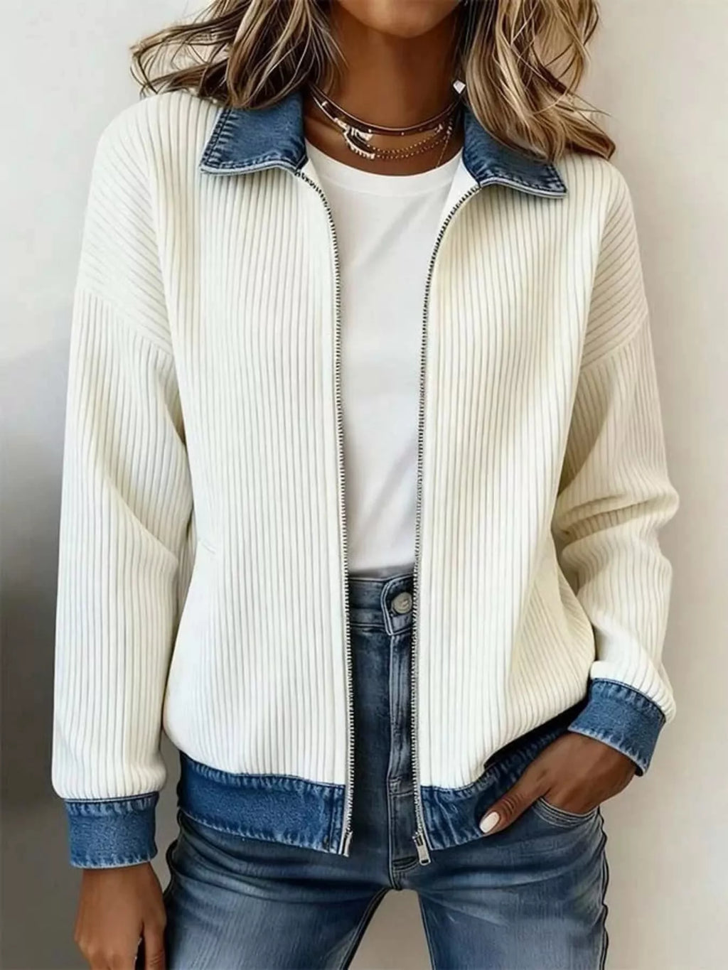 Contrast Denim Collar Ribbed Knit Jacket - Lilixa.store