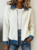 Contrast Denim Collar Ribbed Knit Jacket - Lilixa.store