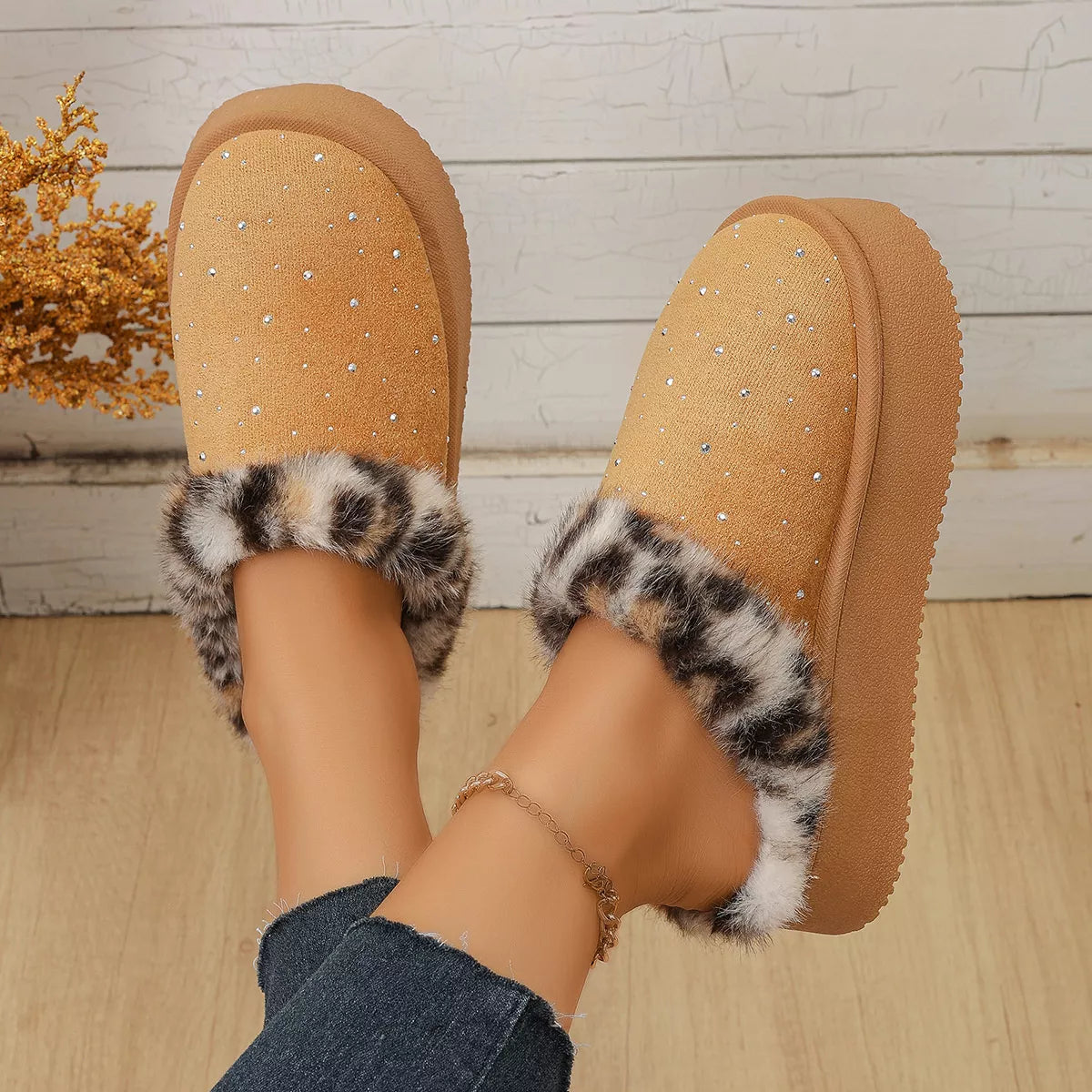 Rhinestone Faux Fur Platform Slippers - Lilixa.store