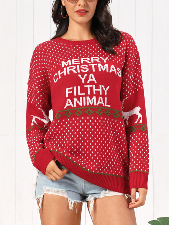 Christmas Element Round Neck Sweater in Red