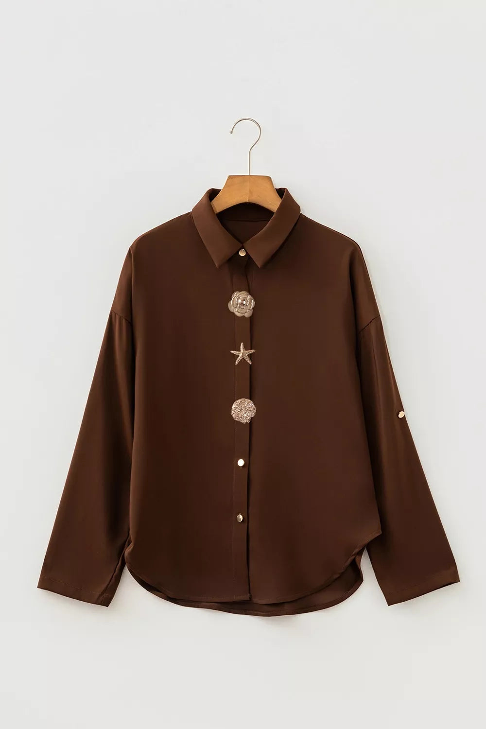 Multi Button Decoration Tab Long Sleeve Casual Shirt in Dark Brown, view 7