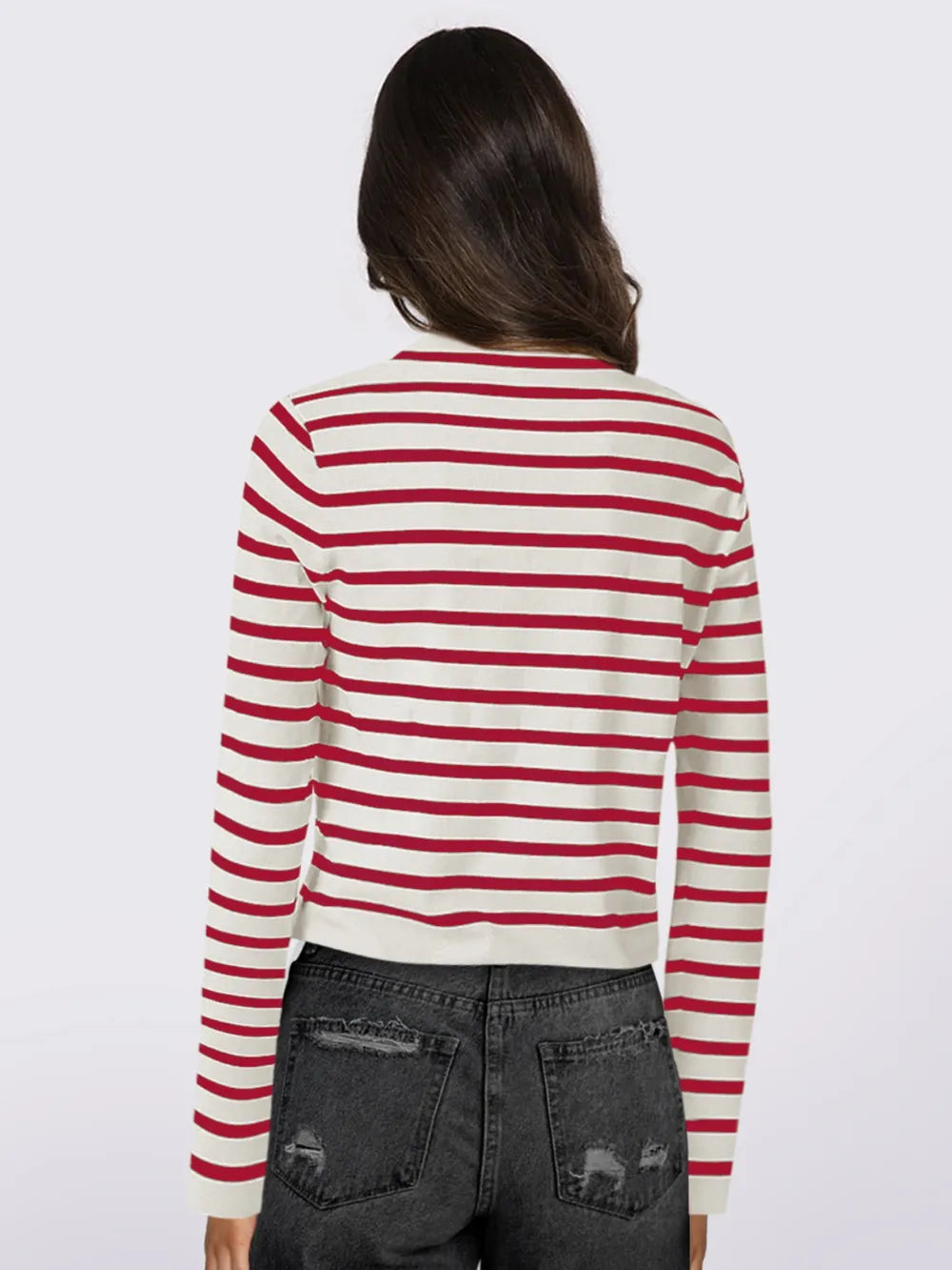 Striped Round Neck Button Up Long Sleeve Cardigan - Lilixa.store