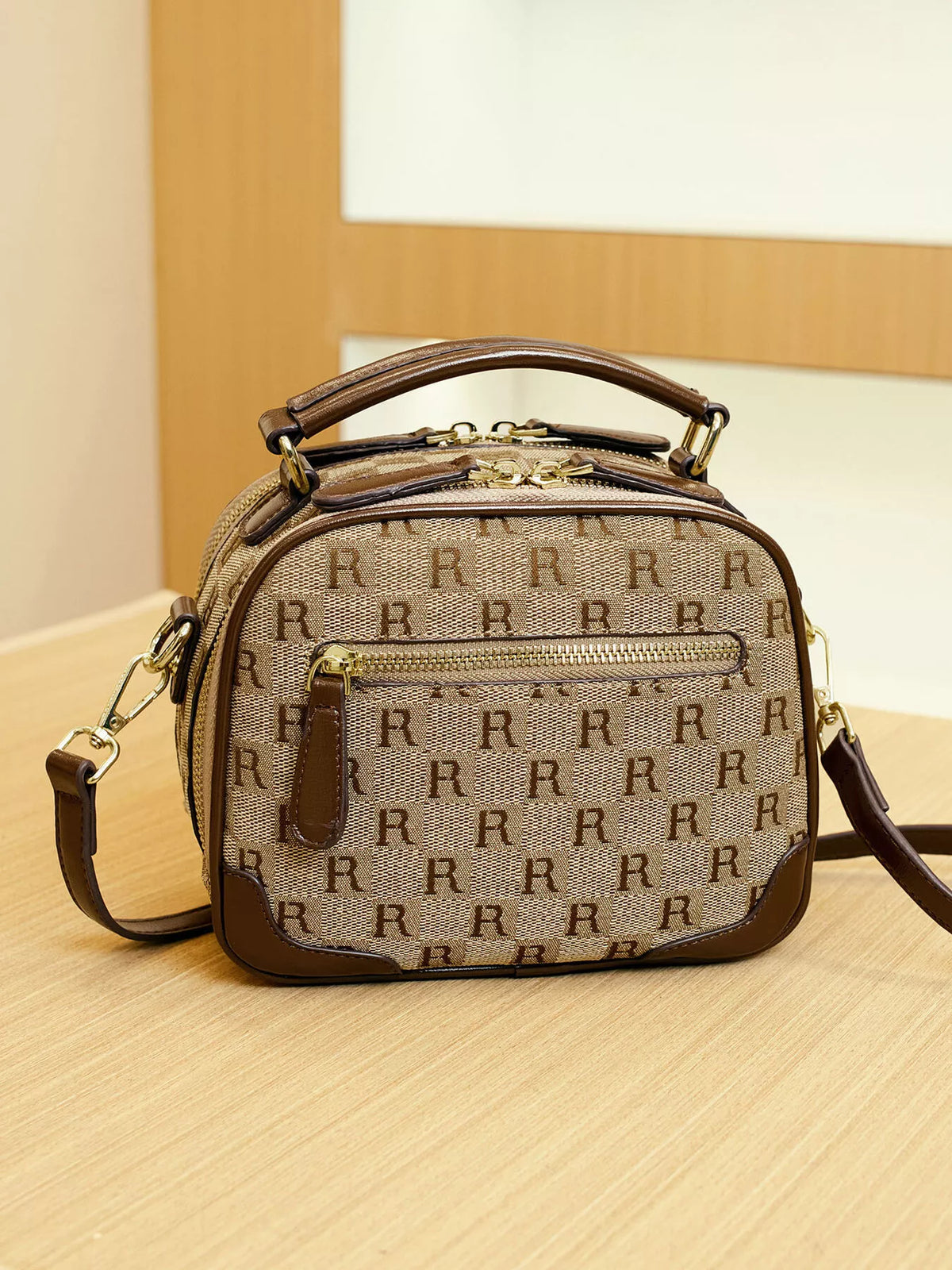 Monogram Pattern Crossbody Handbag with Top Handle in Camel, view 6