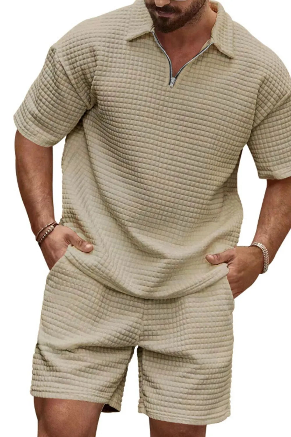 Men's Full Size Zip Collar Short Sleeve Top and Shorts Set Plus Size in Khaki