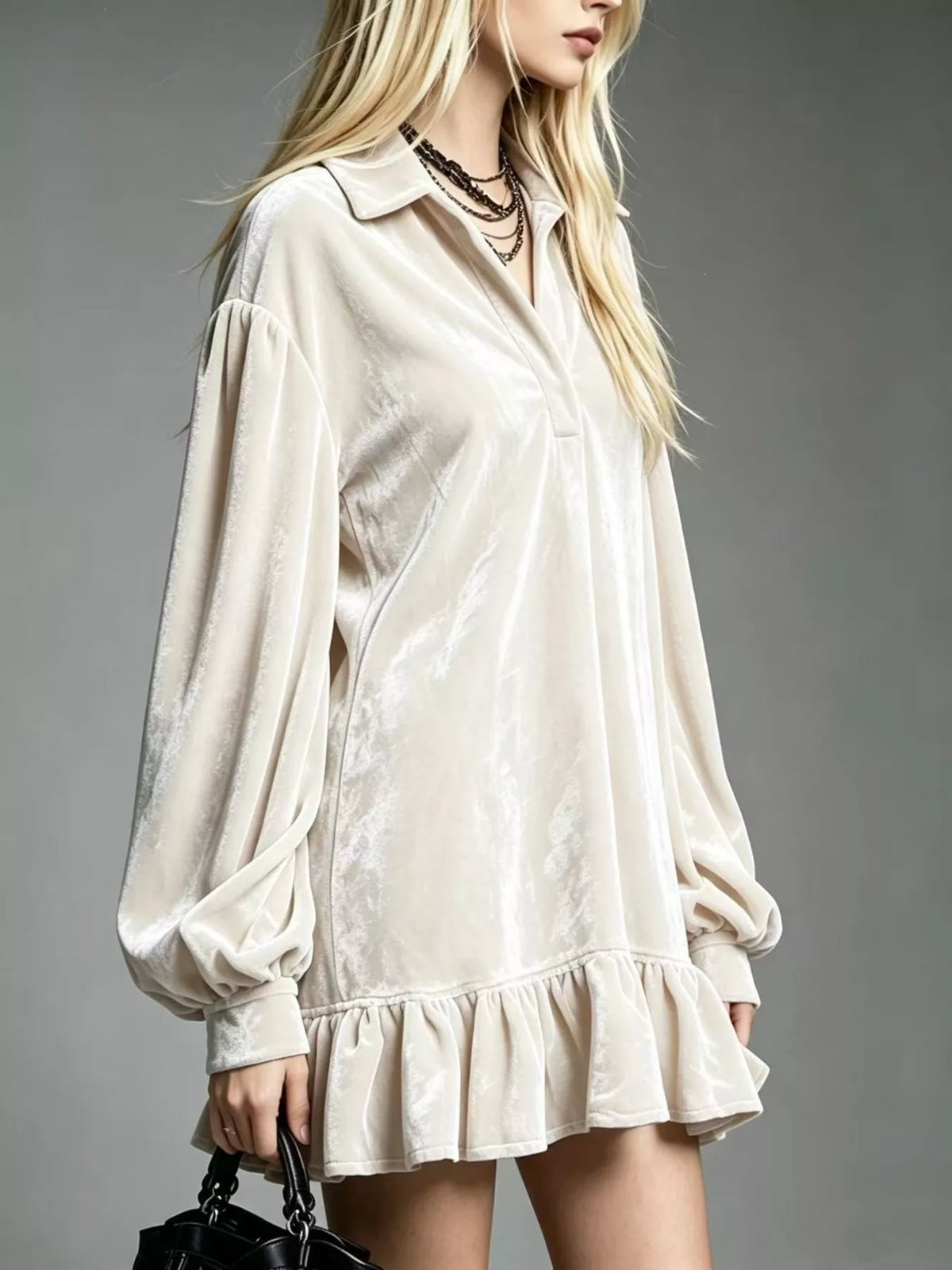 Full Size Velvet Long-Sleeve Ruffle Hem Mini Dress Plus Size