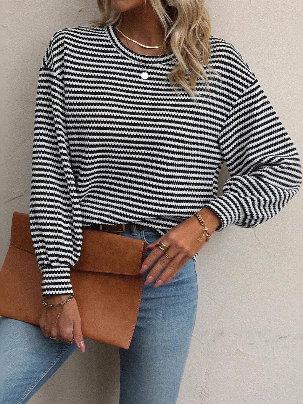 Striped Round Neck Lantern Sleeve Top - Lilixa.store