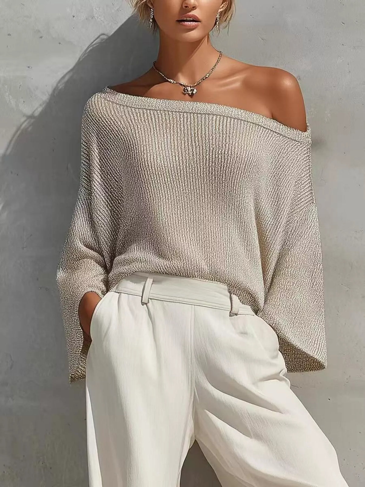One-Shoulder Knit Top and High-Waisted Pants Set