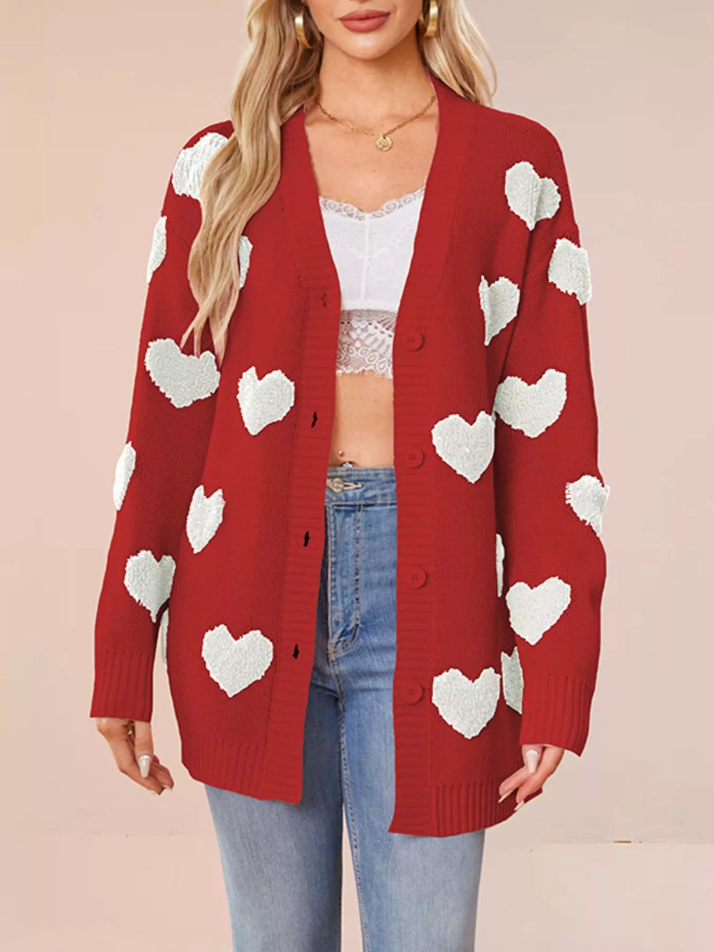 Heart Pattern V-Neck Button-Down Knit Cardigan - Lilixa.store