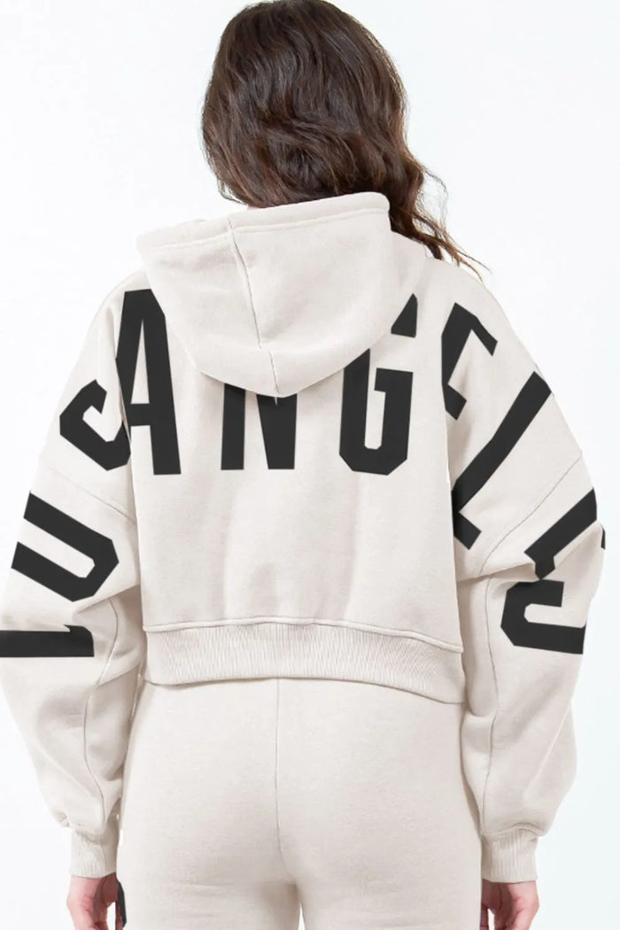 American Bazi Letter Graphic Long Sleeve Drawstring Cropped Hoodie - Lilixa.store
