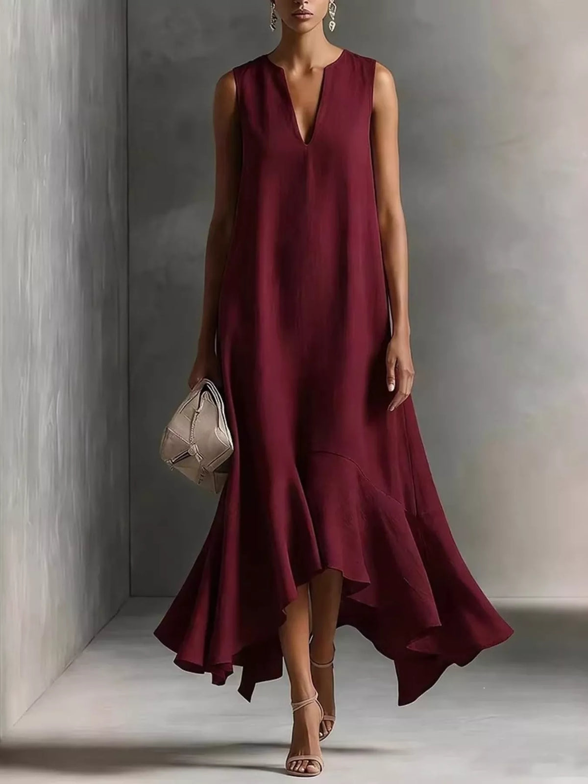 Ruffled Hem Sleeveless Notched Dress