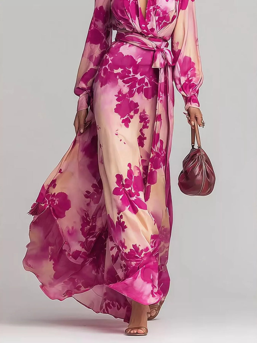 Floral Print Maxi Dress with Waist-Tie Detail - Lilixa.store