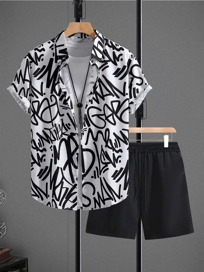 Men's Letter Print Shirt and Shots Set in Black