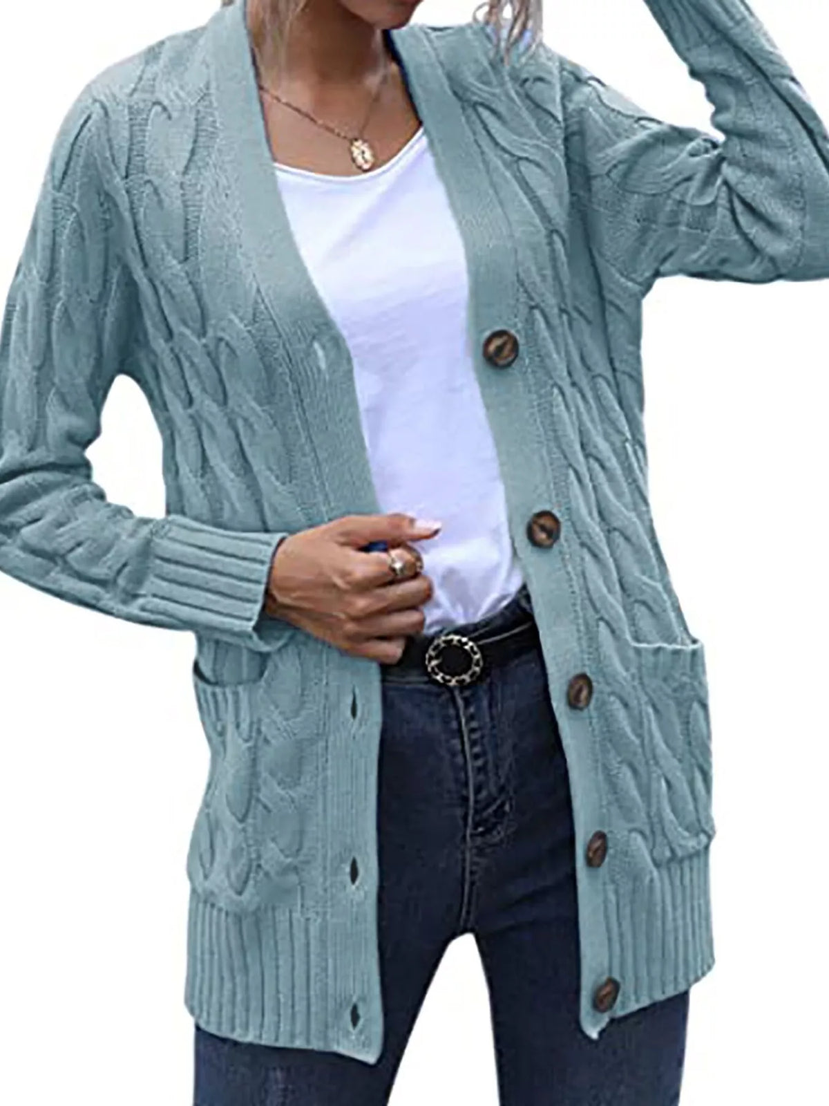 Full Size Chunky Cable Knit Button-Down Cardigan Plus Size - Lilixa.store