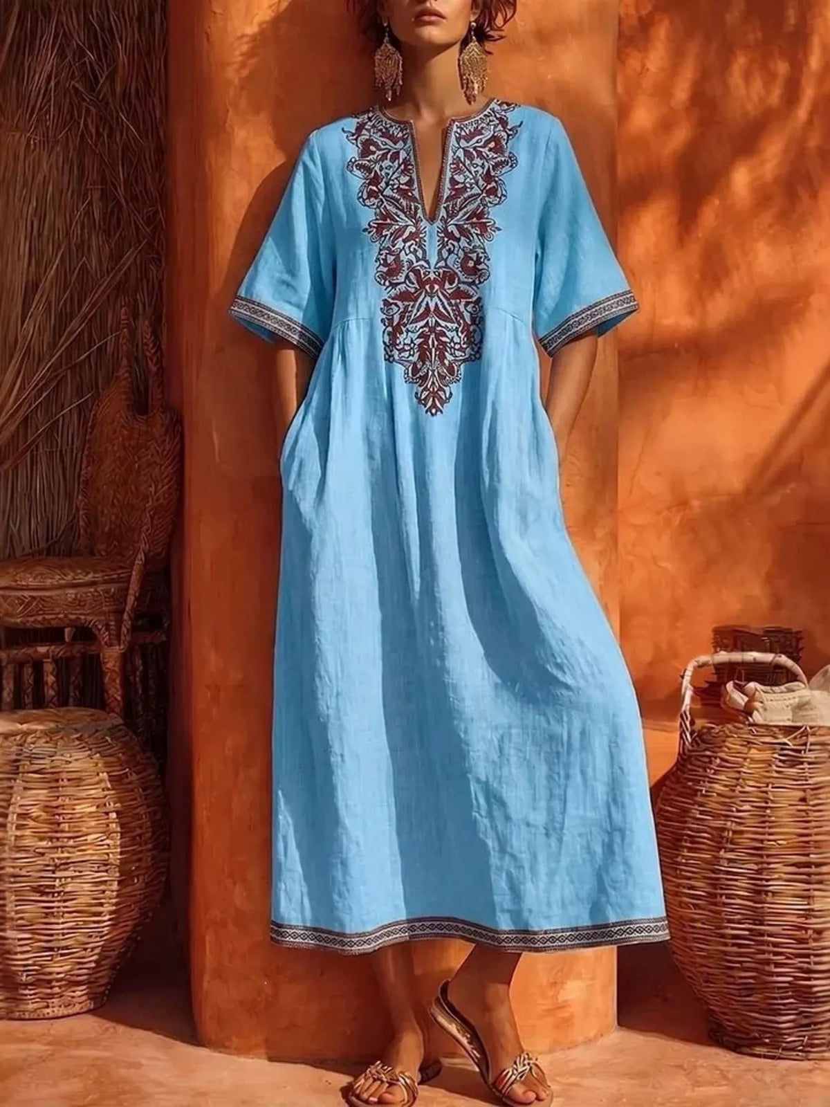 Printed Notched Half Sleeve Midi Dress - Lilixa.store