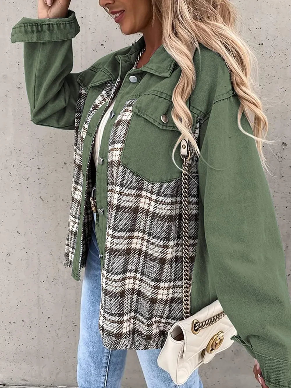 Plaid Button Up Dropped Shoulder Jacket, view 7