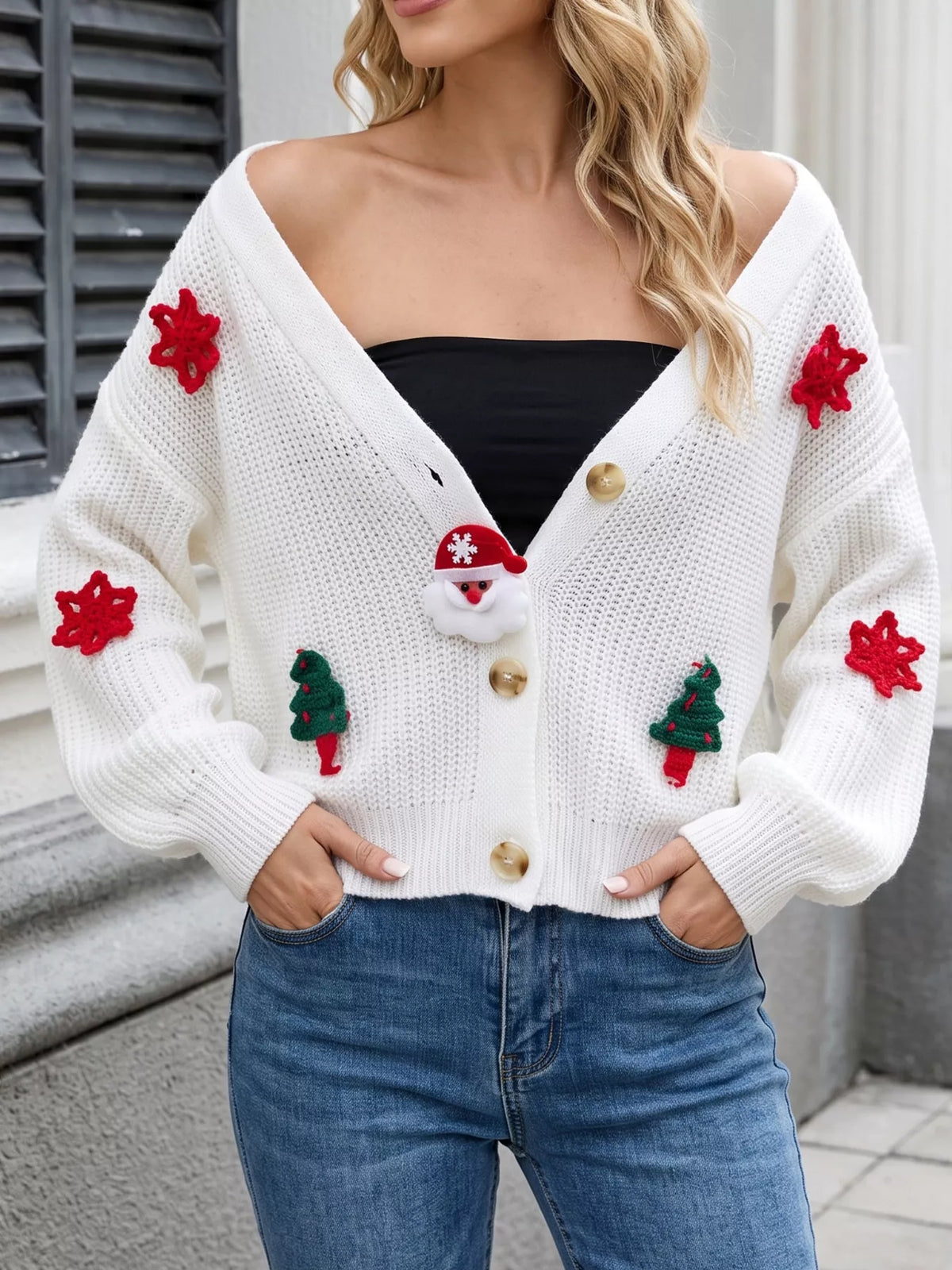 Festive Christmas Applique V-Neck Knit Cardigan, view 3
