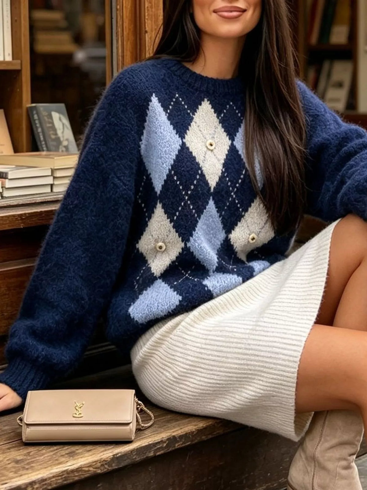 Argyle Pattern Raglan Sleeve Sweater, view 13